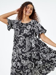 Roman Black Paisley Floral Tiered Smock Dress - Image 4 of 5
