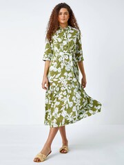 Roman Green 100% Cotton Leaf Frill Hem Button Shirt Dress - Image 1 of 5