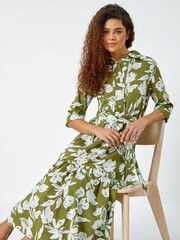 Roman Green 100% Cotton Leaf Frill Hem Button Shirt Dress - Image 4 of 5