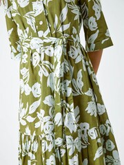 Roman Green 100% Cotton Leaf Frill Hem Button Shirt Dress - Image 5 of 5