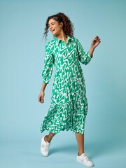 Roman Green Wave Print Tiered Shirt Dress - Image 1 of 5