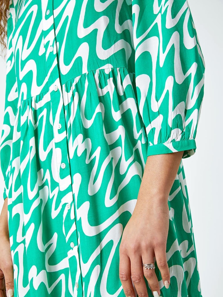 Roman Green Wave Print Tiered Shirt Dress - Image 5 of 5