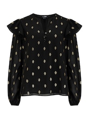 Pour Moi Black Angelina Shirred Detail Long Sleeve Chiffon Blouse - Image 3 of 4