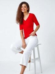 Roman Red Scallop Edge Ribbed Stretch Knit Top - Image 1 of 5