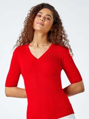 Roman Red Scallop Edge Ribbed Stretch Knit Top - Image 2 of 5