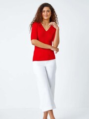 Roman Red Scallop Edge Ribbed Stretch Knit Top - Image 4 of 5