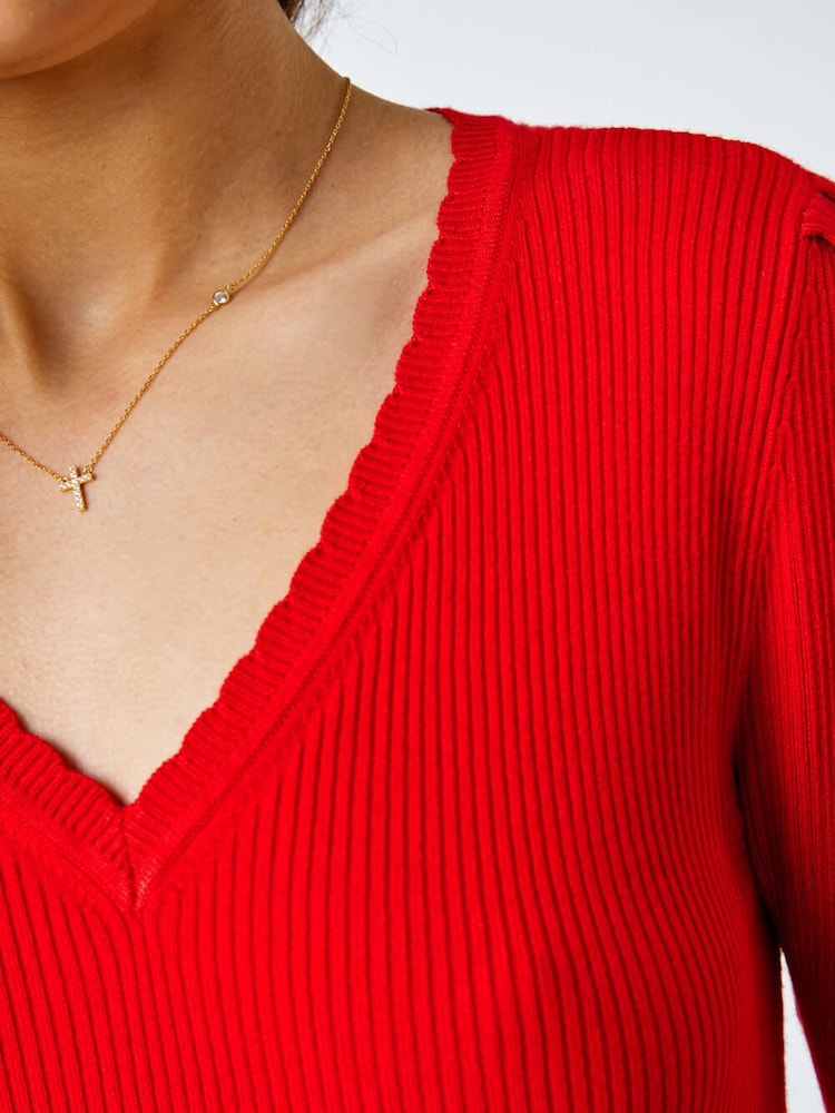 Roman Red Scallop Edge Ribbed Stretch Knit Top - Image 5 of 5