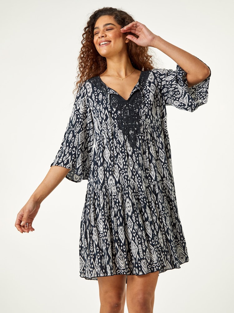 Roman Black Floral Print Lace Detail Smock Dress - Image 1 of 5