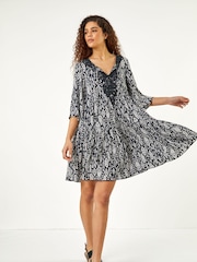 Roman Black Floral Print Lace Detail Smock Dress - Image 3 of 5