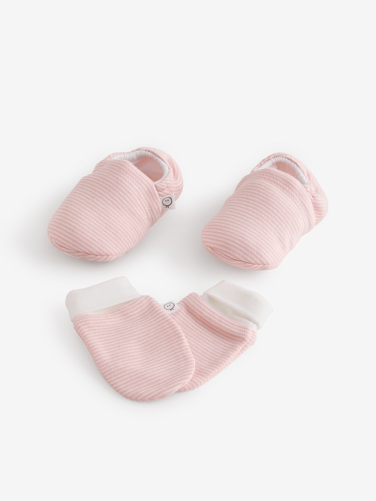 MORI Pink Blush Stripe Supersoft Baby Booties & Mittens Set - Image 1 of 1 MORI Pink Blush Stripe Supersoft Baby Booties & Mittens Set - Image 1 of 1