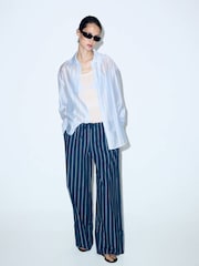 Mango Blue Pinstripe Straight-Leg Drawstring Trousers - Image 1 of 8