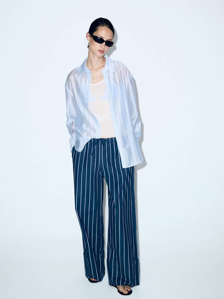 Mango Blue Pinstripe Straight-Leg Drawstring Trousers - Image 1 of 8 Mango Blue Pinstripe Straight-Leg Drawstring Trousers - Image 1 of 8