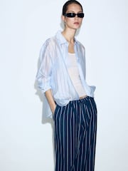 Mango Blue Pinstripe Straight-Leg Drawstring Trousers - Image 2 of 8