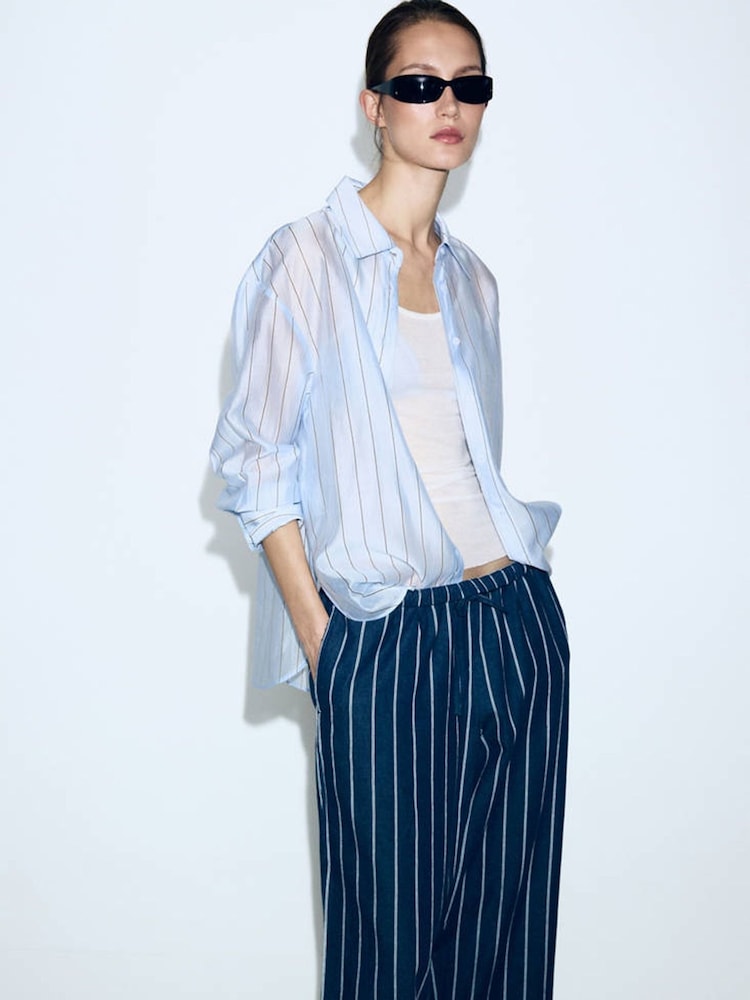 Mango Blue Pinstripe Straight-Leg Drawstring Trousers - Image 2 of 8 Mango Blue Pinstripe Straight-Leg Drawstring Trousers - Image 2 of 8