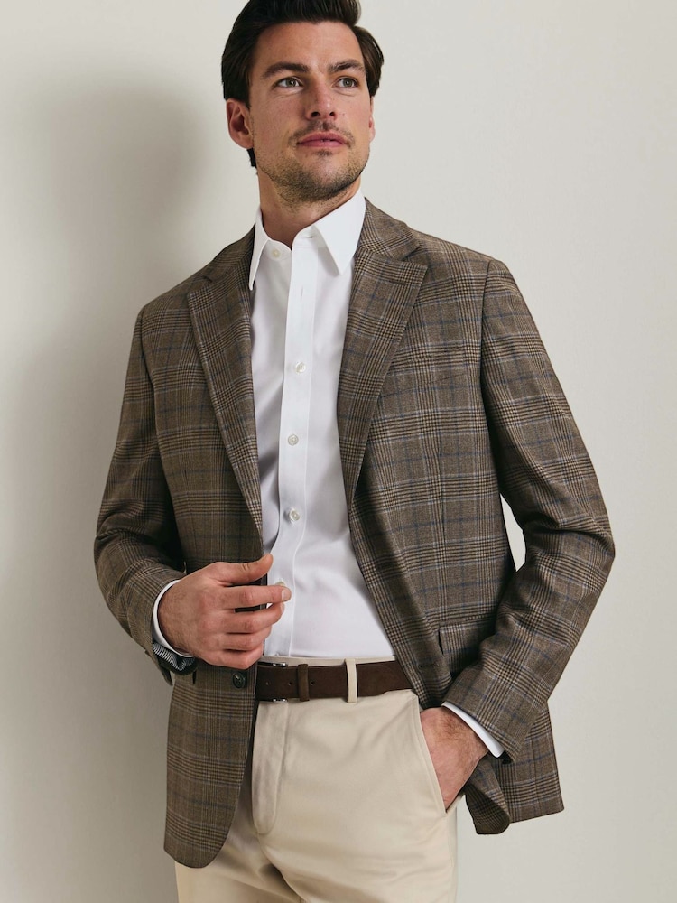 Charles Tyrwhitt Brown Check Lightweight Wool Slim Fit Jacket - Image 1 of 5