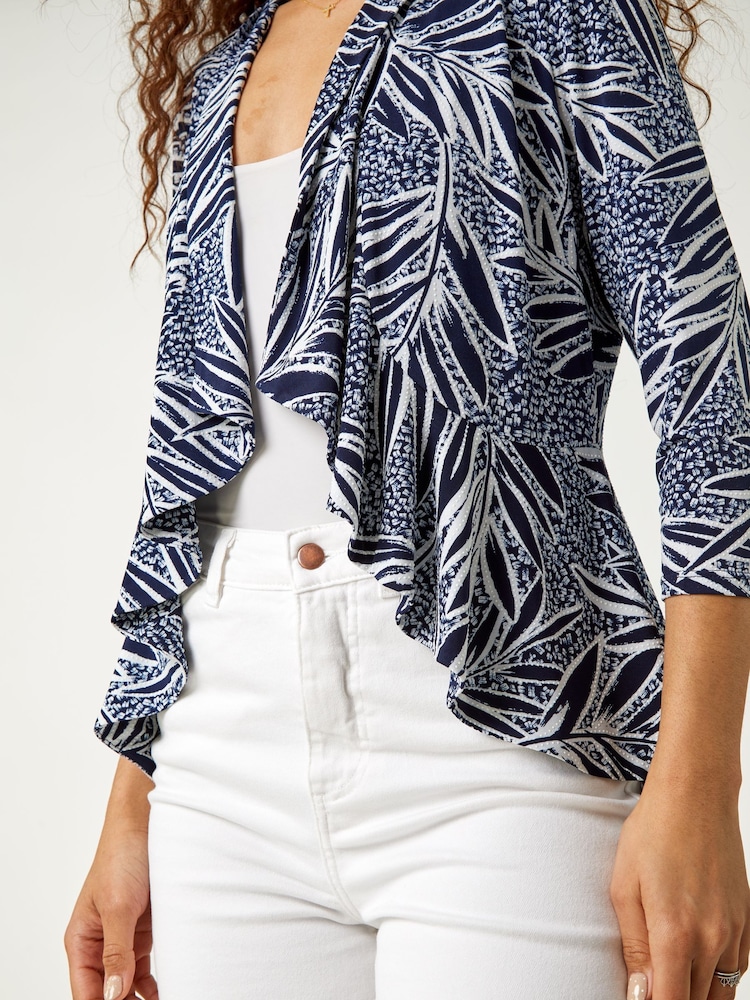 Roman Blue Textured Floral Print Peplum Stretch Jacket - Image 5 of 5