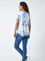 Roman Blue Floral Print Asymmetric Hem Top - Image 3 of 5