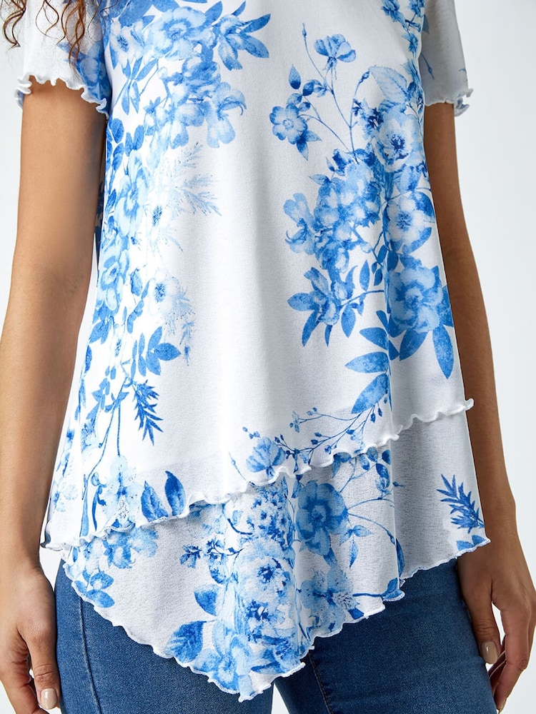 Roman Blue Floral Print Asymmetric Hem Top - Image 5 of 5