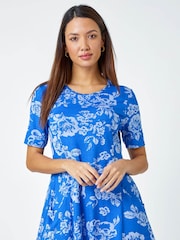 Roman Blue Floral Print Stretch Tunic Pocket Top - Image 1 of 5