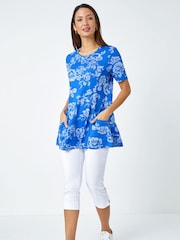 Roman Blue Floral Print Stretch Tunic Pocket Top - Image 2 of 5