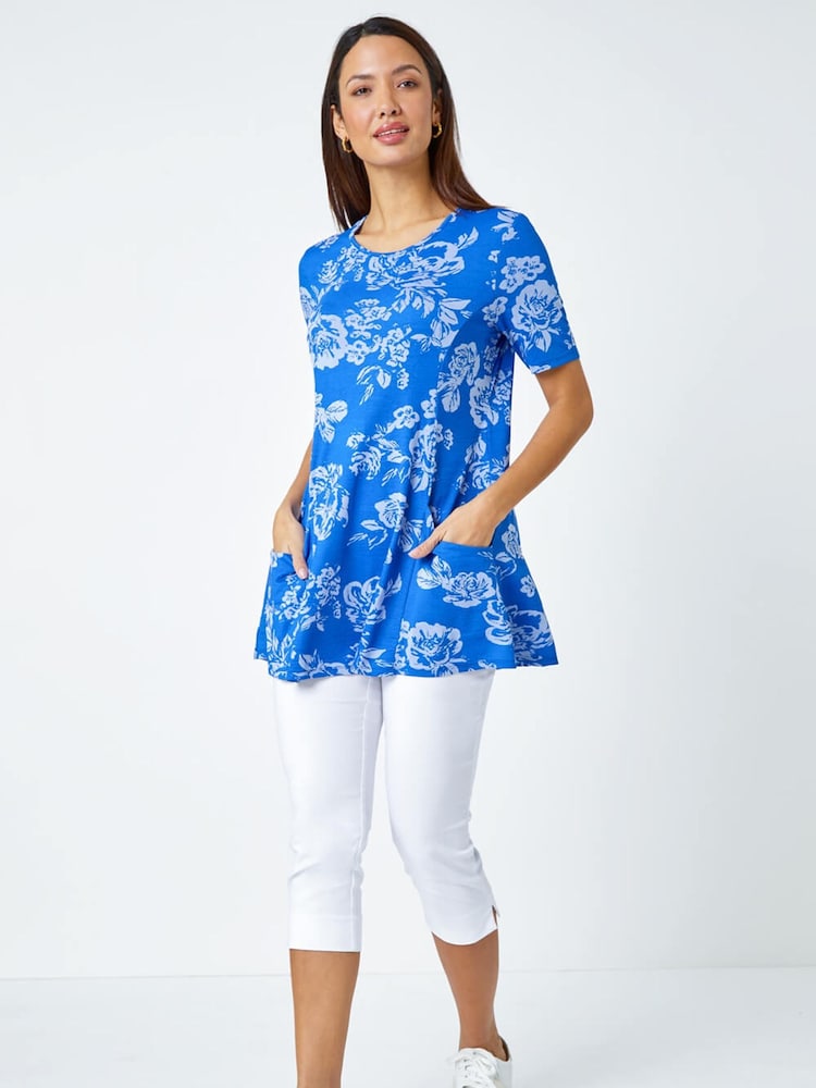 Roman Blue Floral Print Stretch Tunic Pocket Top - Image 2 of 5