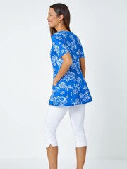 Roman Blue Floral Print Stretch Tunic Pocket Top - Image 3 of 5