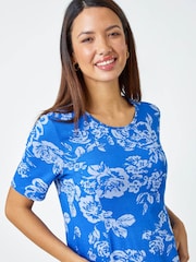 Roman Blue Floral Print Stretch Tunic Pocket Top - Image 4 of 5