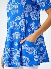 Roman Blue Floral Print Stretch Tunic Pocket Top - Image 5 of 5