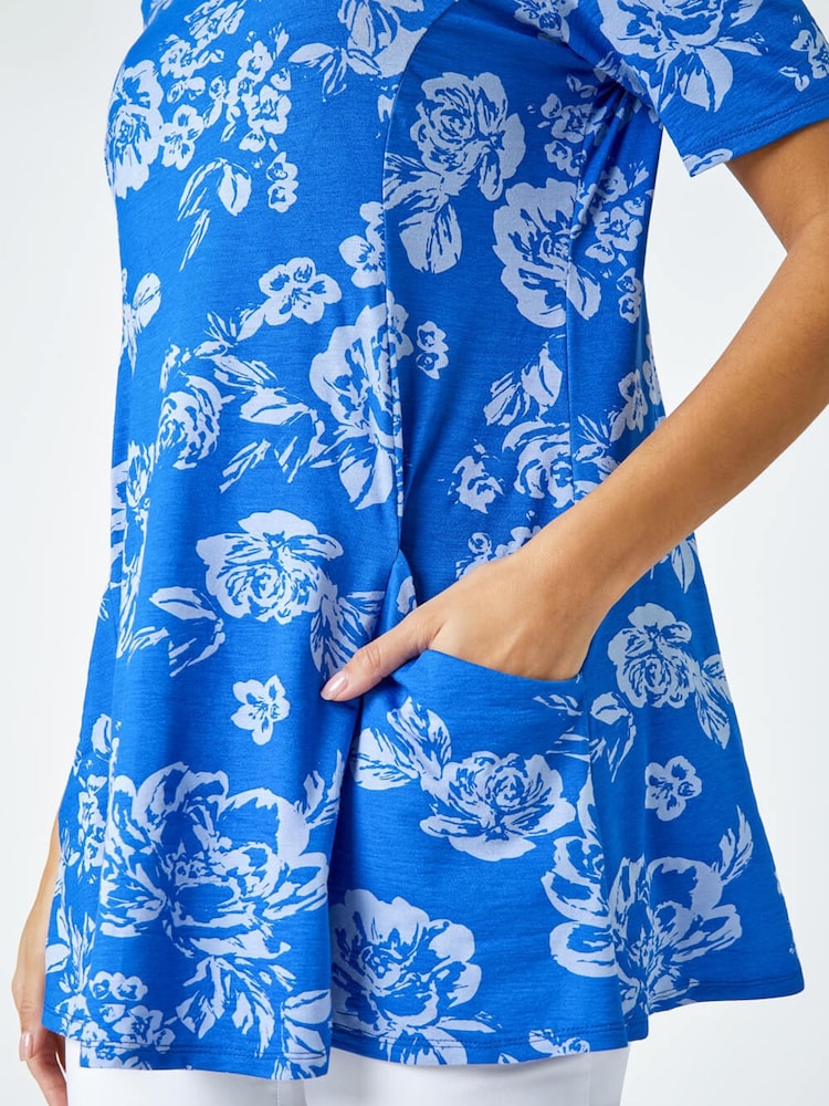 Roman Blue Floral Print Stretch Tunic Pocket Top - Image 5 of 5