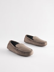 Taupe Brown Check Lined Moccasin Slippers - Image 1 of 5
