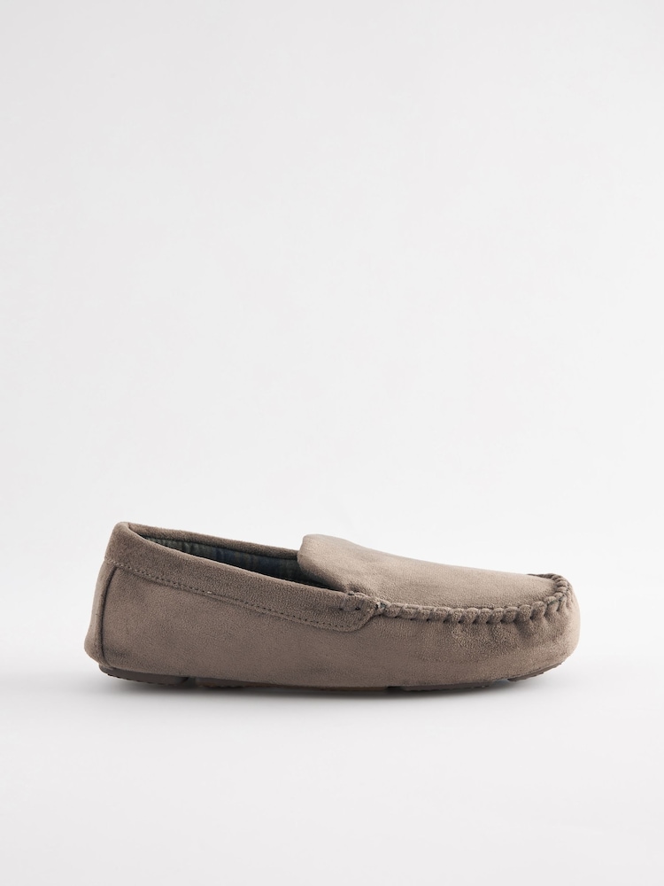 Taupe Brown Check Lined Moccasin Slippers - Image 2 of 5