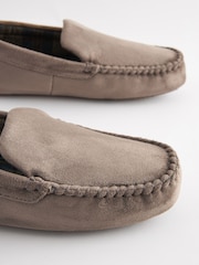 Taupe Brown Check Lined Moccasin Slippers - Image 3 of 5