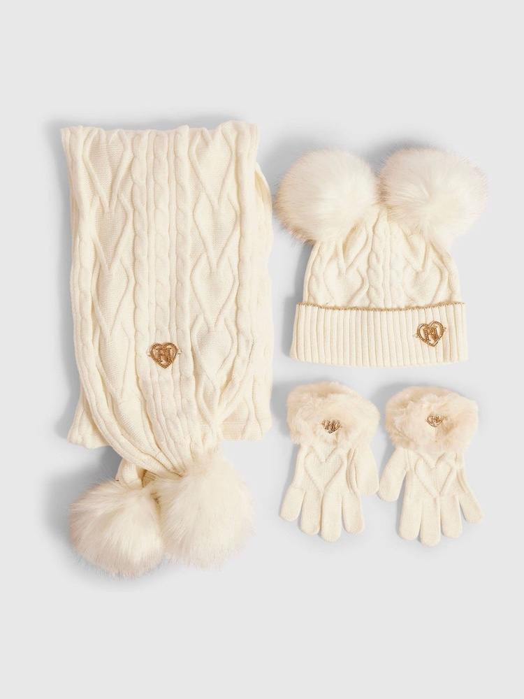 Cream - River Island Pom cepurīte cimdu un šalles Komplekts - Attēls 1 no 3