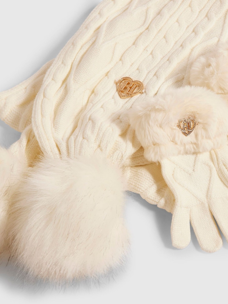 Cream - River Island Pom cepurīte cimdu un šalles Komplekts - Attēls 2 no 3