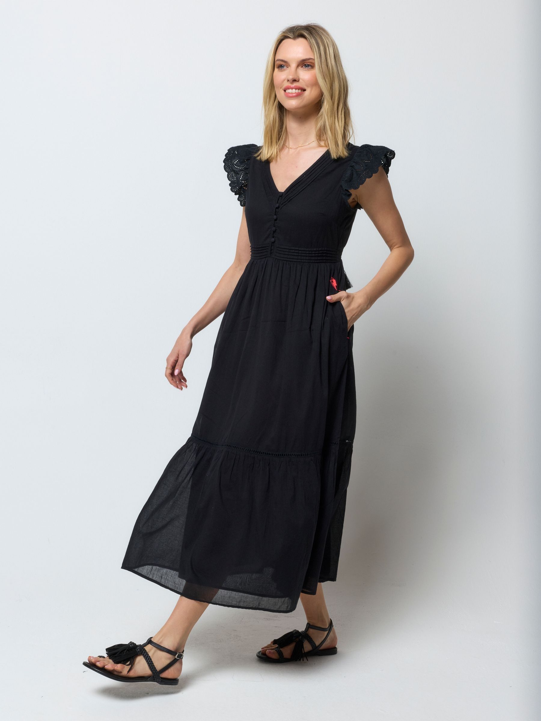 Buy SCAMP & DUDE Black Broderie Sleeve Pintuck Midi Dress from