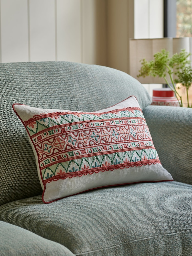 Nina Campbell Coral Pink Obi Embroidered Cushion - Image 1 of 4