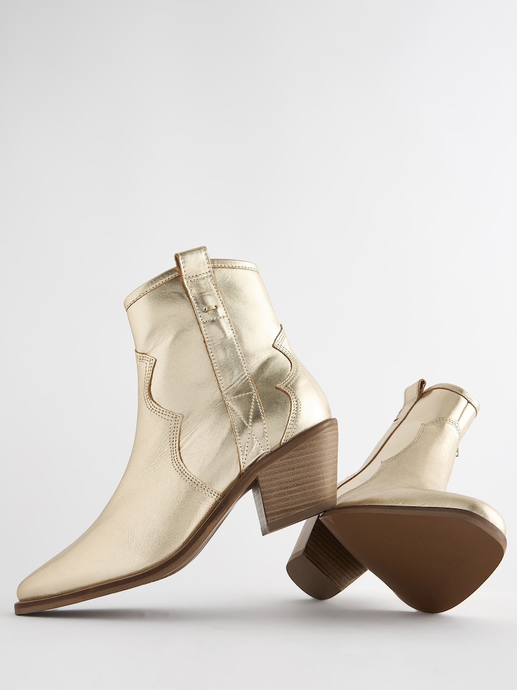Champagne Gold Boho Extra Wide Fit Forever Comfort® Leather Ankle Cowboy Boots - Image 10 of 10