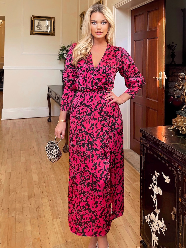 AX Paris Pink Cerise Printed Wrap Top Split Skirt Midi Dress - Image 1 of 4