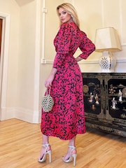 AX Paris Pink Cerise Printed Wrap Top Split Skirt Midi Dress - Image 2 of 4