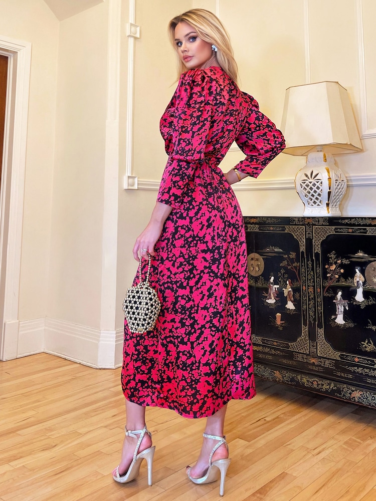 AX Paris Pink Cerise Printed Wrap Top Split Skirt Midi Dress - Image 2 of 4
