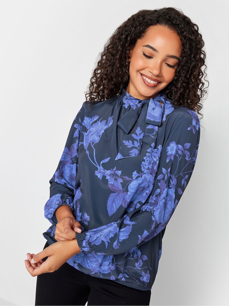 M&Co Blue Bow Neck Bubble Hem Blouse - Image 1 of 4