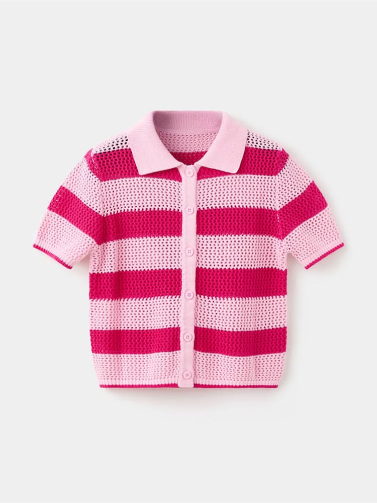 Mango Pink Stripe Knit Polo Cardigan - Image 1 of 4