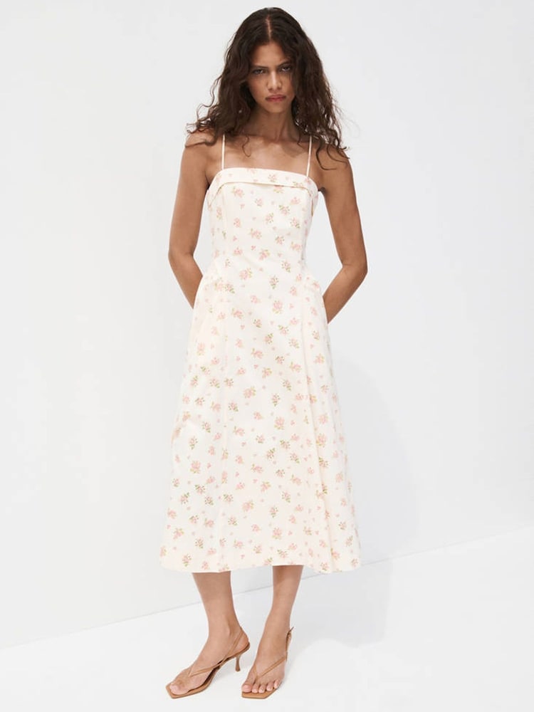 Mango Cream Floral Summer Midi Dress - Image 1 of 7 Mango Cream Floral Summer Midi Dress - Image 1 of 7