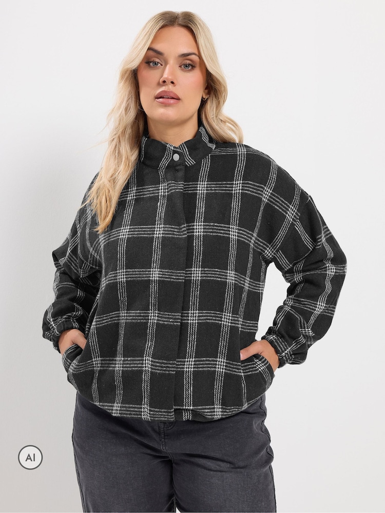 Yours Curve Black Checked Wool Bomber Jacket - Image 1 of 7