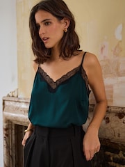 Green Lace Trim Strappy Cami Top - Image 1 of 6