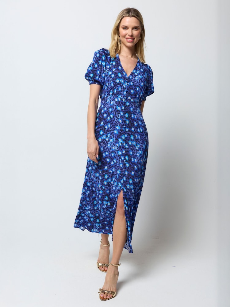 SCAMP & DUDE Blue Paradise Cheetah Blouson Sleeve Midi Tea Dress - Image 1 of 5