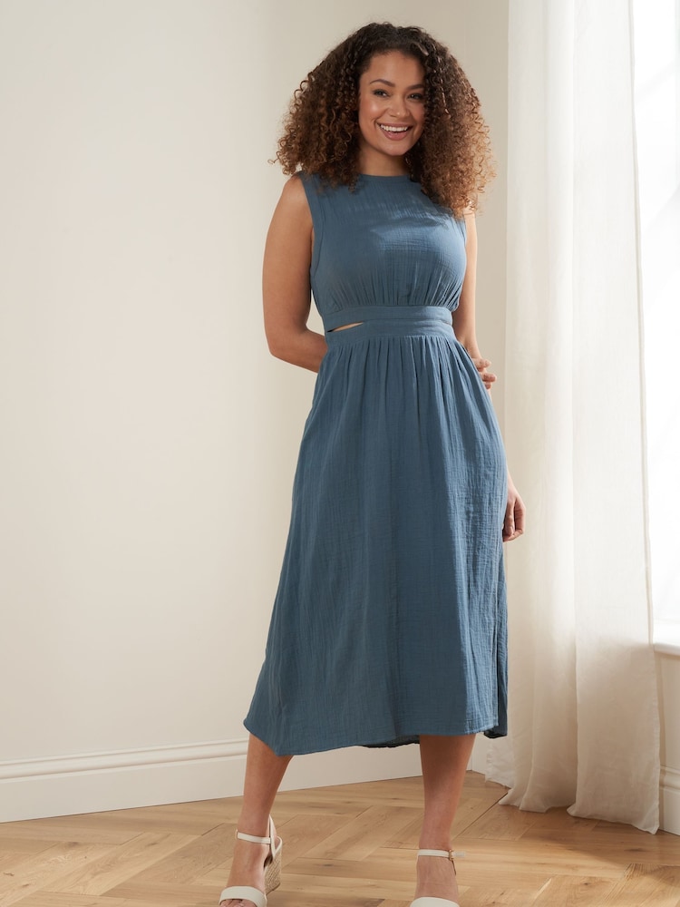 Truly Blue Cheesecloth 100% Cotton Midi Dress - Image 1 of 4