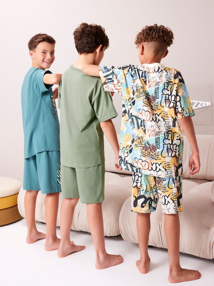 Blue/Green Graffiti Short Pyjamas 3 Pack (3-16yrs) - Image 3 of 10