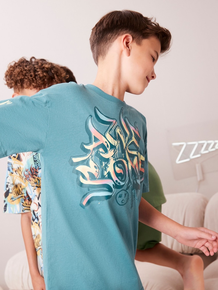 Blue/Green Graffiti Short Pyjamas 3 Pack (3-16yrs) - Image 5 of 10