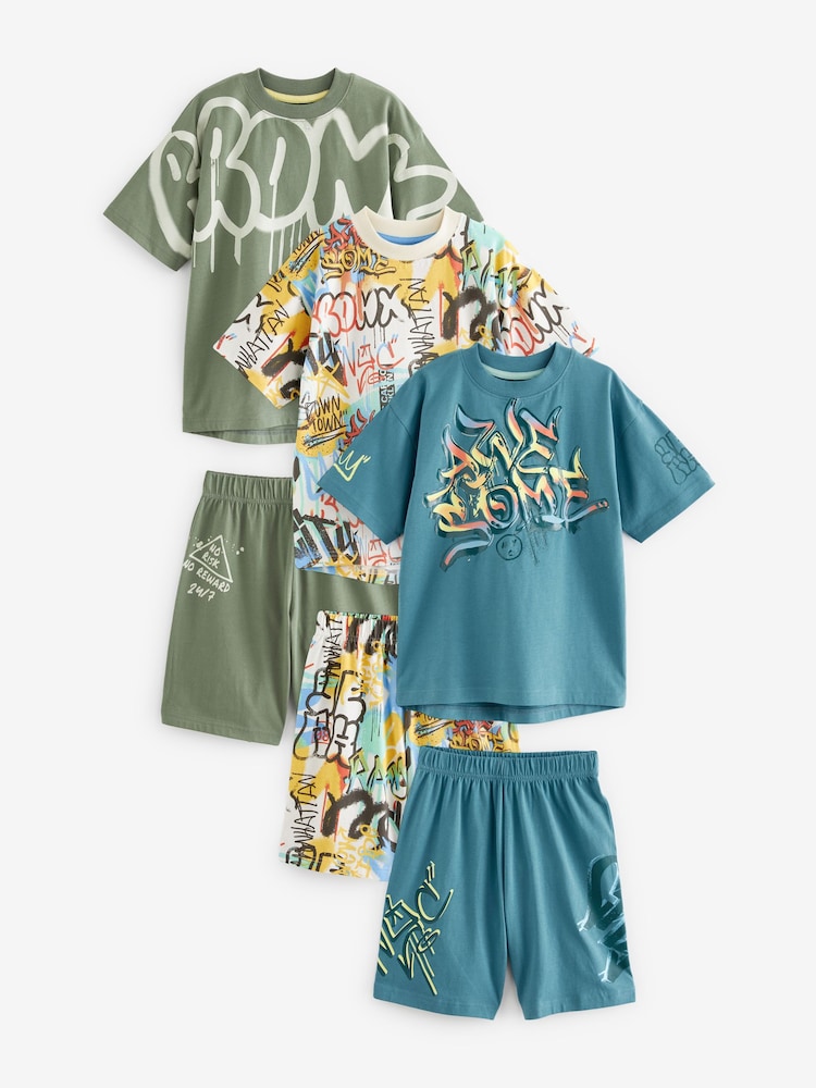 Blue/Green Graffiti Short Pyjamas 3 Pack (3-16yrs) - Image 9 of 10